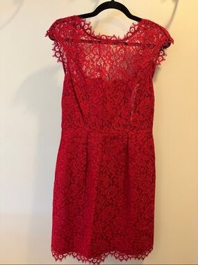 Shoshanna Red Lace Cap-Sleeve Dress